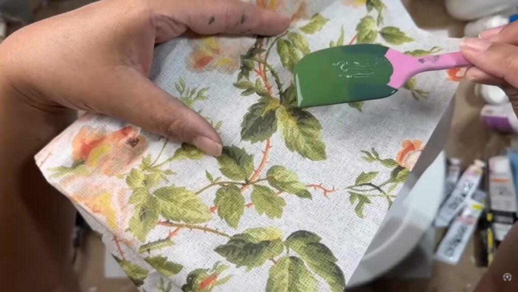 Custom Color mixing a green to match the Roycycled Decoupage Paper.