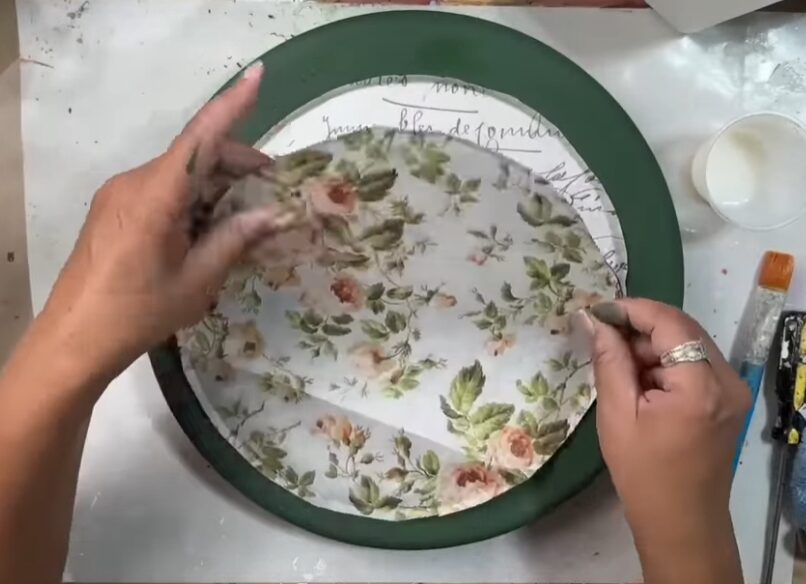 Layering the Roycycled Burlap Roses decoupage paper over the Roycycled Natural History Decoupage Paper.